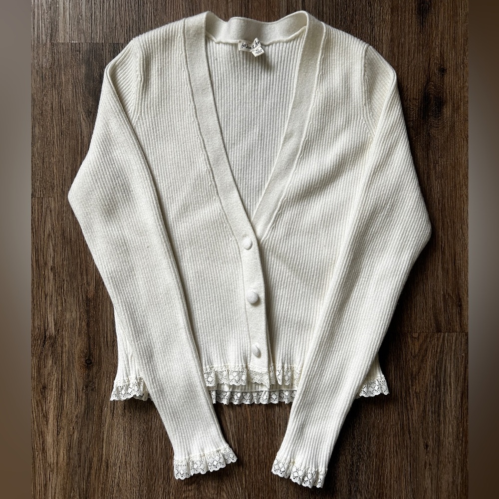 For Love And Lemons White Ribbed Sweater With Lace Trim